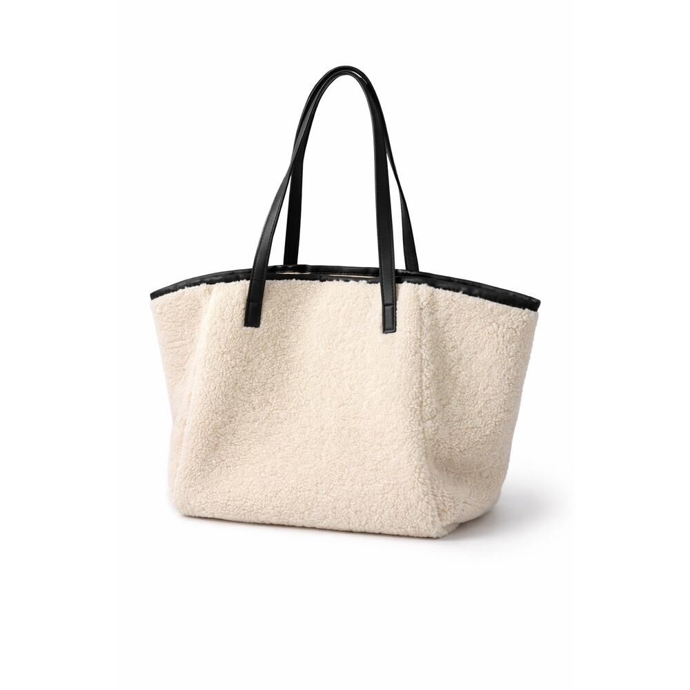 Neiman Marcus Sherpa Tote Bag Cream Faux Shearling Black Trim Minimalist Carryal